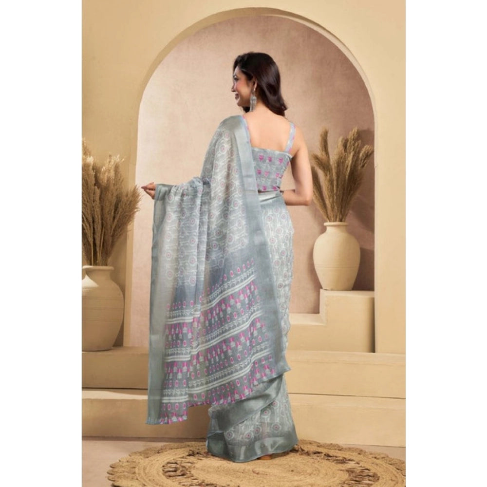 Women's Faux_Linen Printed Ready-to-Wear Saree With Unstitched Blouse 5.5 Mtr (Grey)