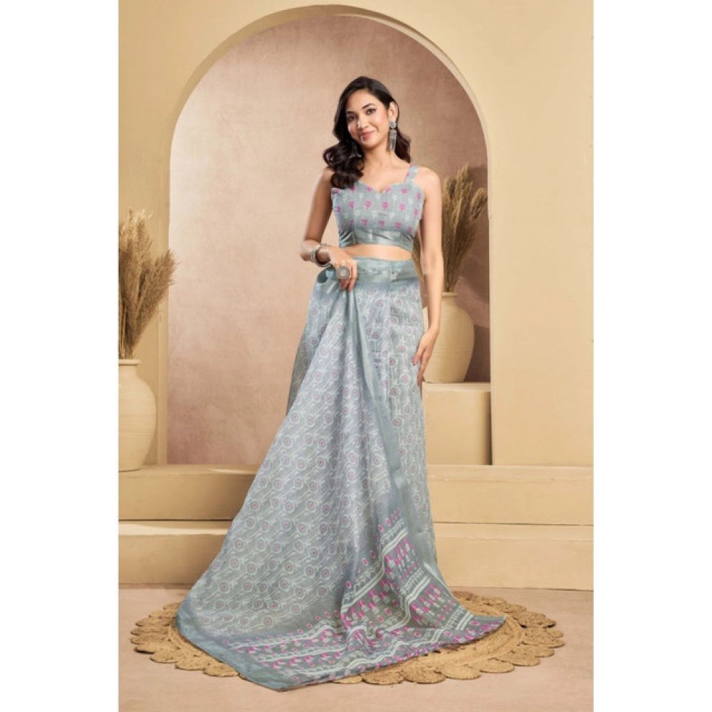 Women's Faux_Linen Printed Ready-to-Wear Saree With Unstitched Blouse 5.5 Mtr (Grey)