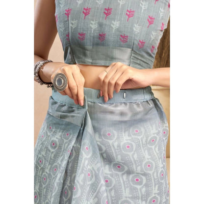 Women's Faux_Linen Printed Ready-to-Wear Saree With Unstitched Blouse 5.5 Mtr (Grey)