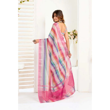 Women's Faux_Linen Printed Ready-to-Wear Saree With Unstitched Blouse 5.5 Mtr (Multicolor)