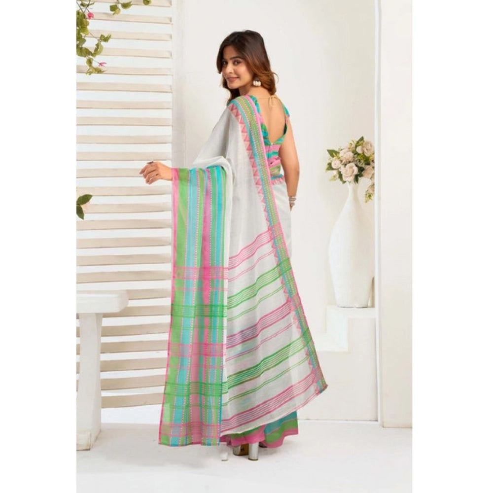 Women's Faux_Linen Printed Ready-to-Wear Saree With Unstitched Blouse 5.5 Mtr (White)