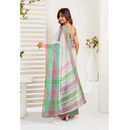 Women's Faux_Linen Printed Ready-to-Wear Saree With Unstitched Blouse 5.5 Mtr (White)
