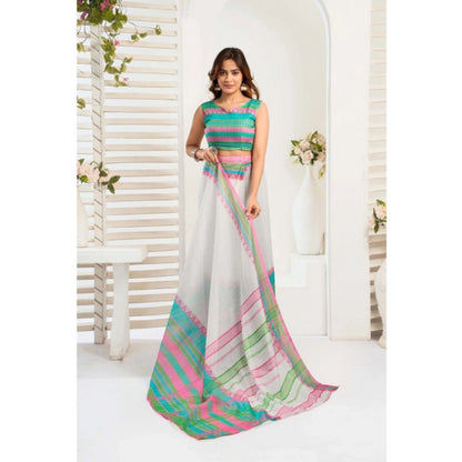 Women's Faux_Linen Printed Ready-to-Wear Saree With Unstitched Blouse 5.5 Mtr (White)