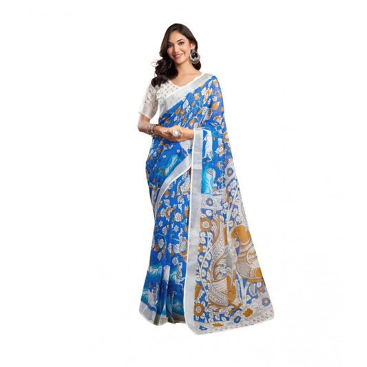 Women's Faux_Linen Printed Ready-to-Wear Saree With Unstitched Blouse 5.5 Mtr (Blue)