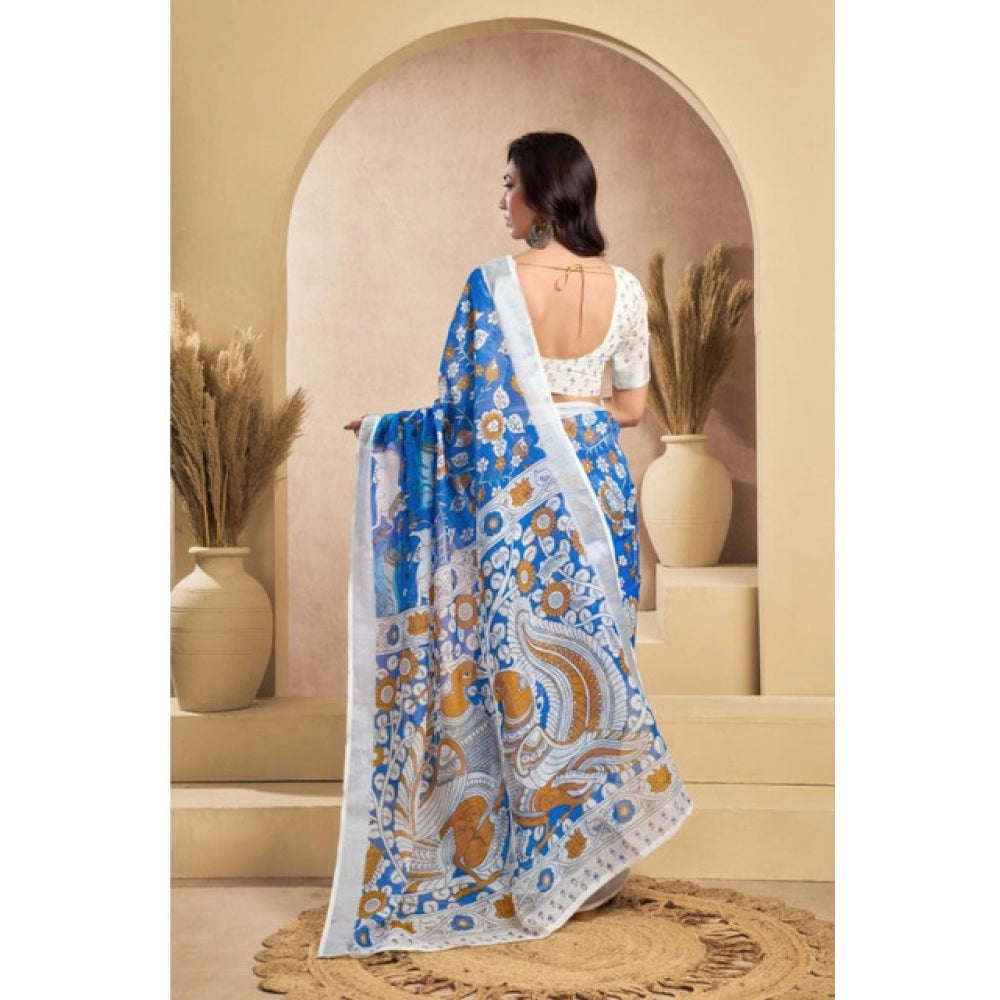 Women's Faux_Linen Printed Ready-to-Wear Saree With Unstitched Blouse 5.5 Mtr (Blue)