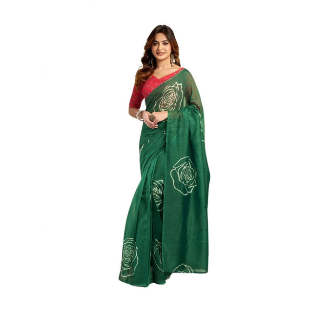 Women's Faux_Linen Printed Ready-to-Wear Saree With Unstitched Blouse 5.5 Mtr (Dark_Green)