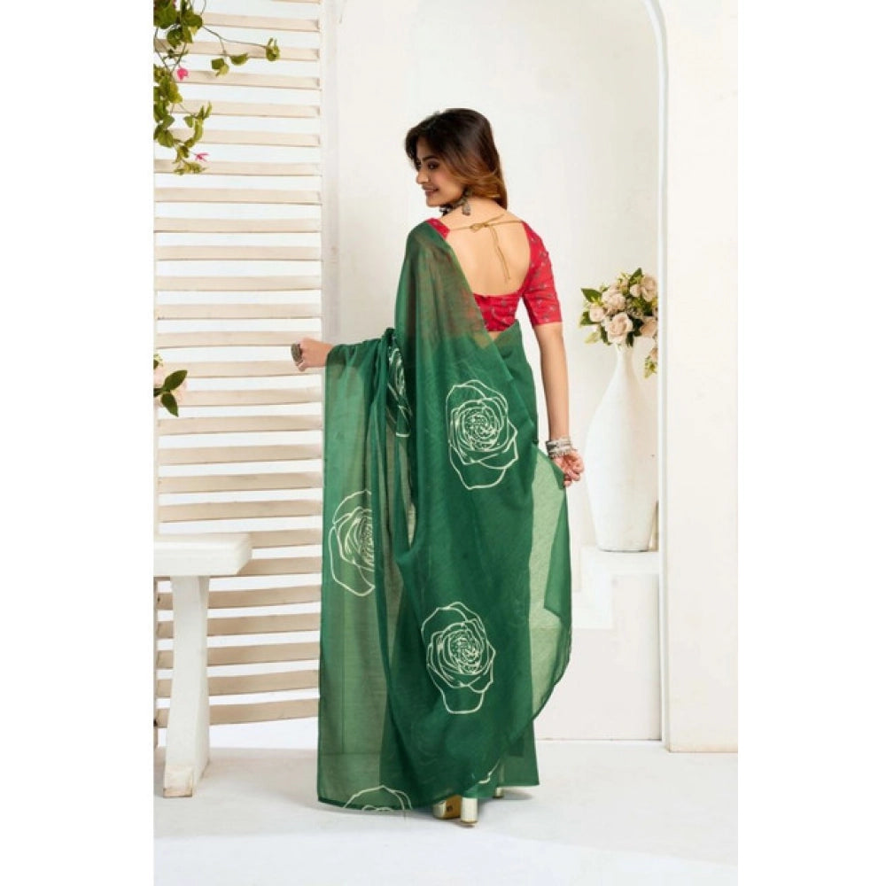 Women's Faux_Linen Printed Ready-to-Wear Saree With Unstitched Blouse 5.5 Mtr (Dark_Green)