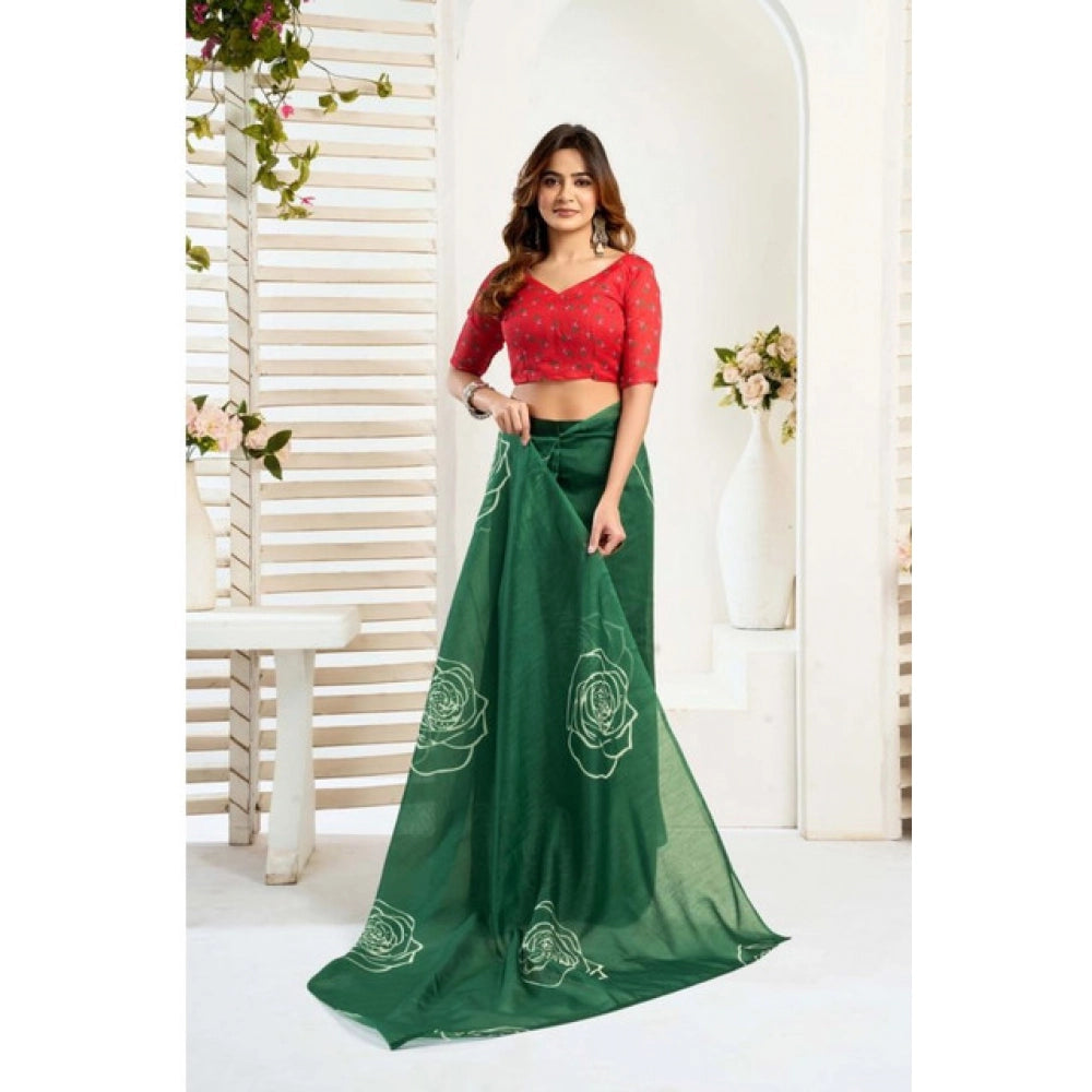 Women's Faux_Linen Printed Ready-to-Wear Saree With Unstitched Blouse 5.5 Mtr (Dark_Green)
