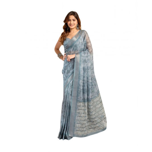 Women's Faux_Linen Printed Ready-to-Wear Saree With Unstitched Blouse 5.5 Mtr (Light_Blue)