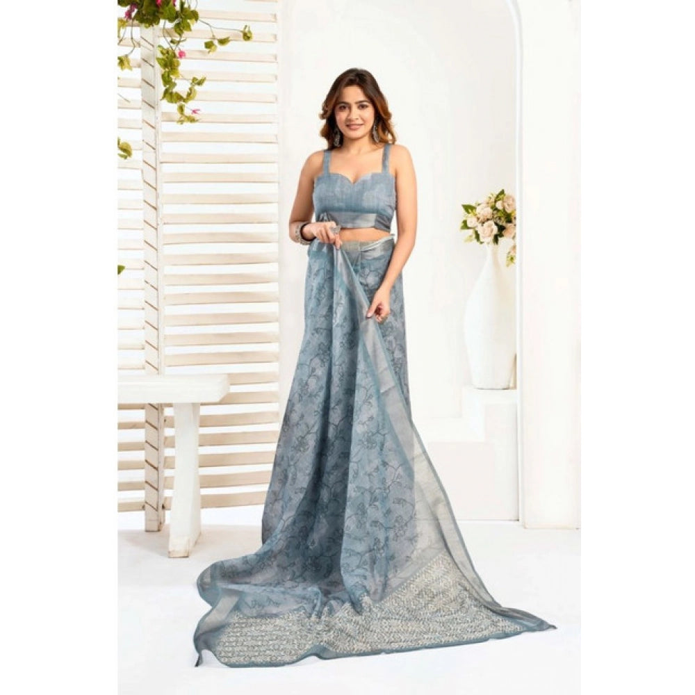 Women's Faux_Linen Printed Ready-to-Wear Saree With Unstitched Blouse 5.5 Mtr (Light_Blue)