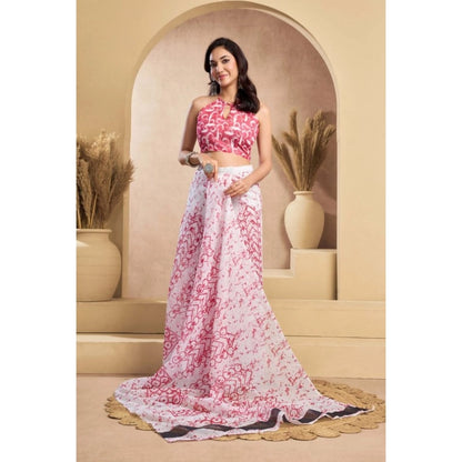 Women's Faux_Linen Printed Ready-to-Wear Saree With Unstitched Blouse 5.5 Mtr (Pink)