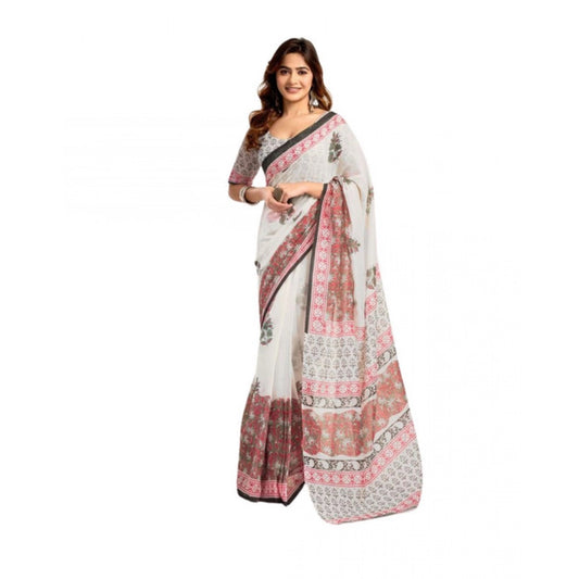 Women's Faux_Linen Printed Ready-to-Wear Saree With Unstitched Blouse 5.5 Mtr (White)