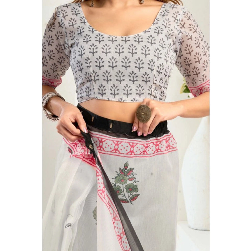 Women's Faux_Linen Printed Ready-to-Wear Saree With Unstitched Blouse 5.5 Mtr (White)
