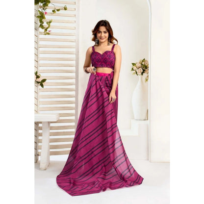 Women's Faux_Linen Printed Ready-to-Wear Saree With Unstitched Blouse 5.5 Mtr (Magenta)
