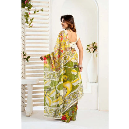 Women's Faux_Linen Printed Ready-to-Wear Saree With Unstitched Blouse 5.5 Mtr (Multicolor)