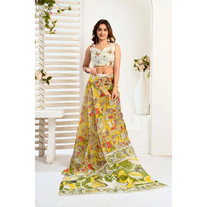 Women's Faux_Linen Printed Ready-to-Wear Saree With Unstitched Blouse 5.5 Mtr (Multicolor)