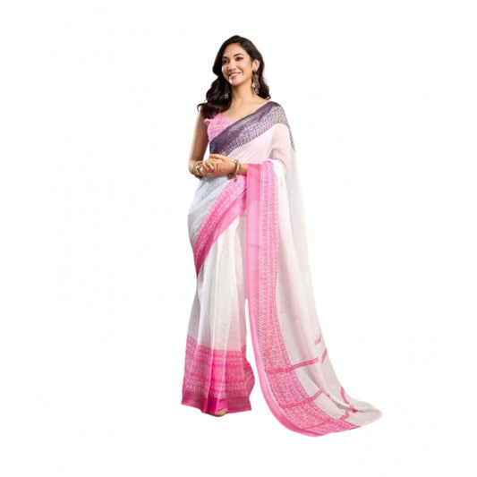 Women's Faux_Linen Printed Ready-to-Wear Saree With Unstitched Blouse 5.5 Mtr (Off_White)