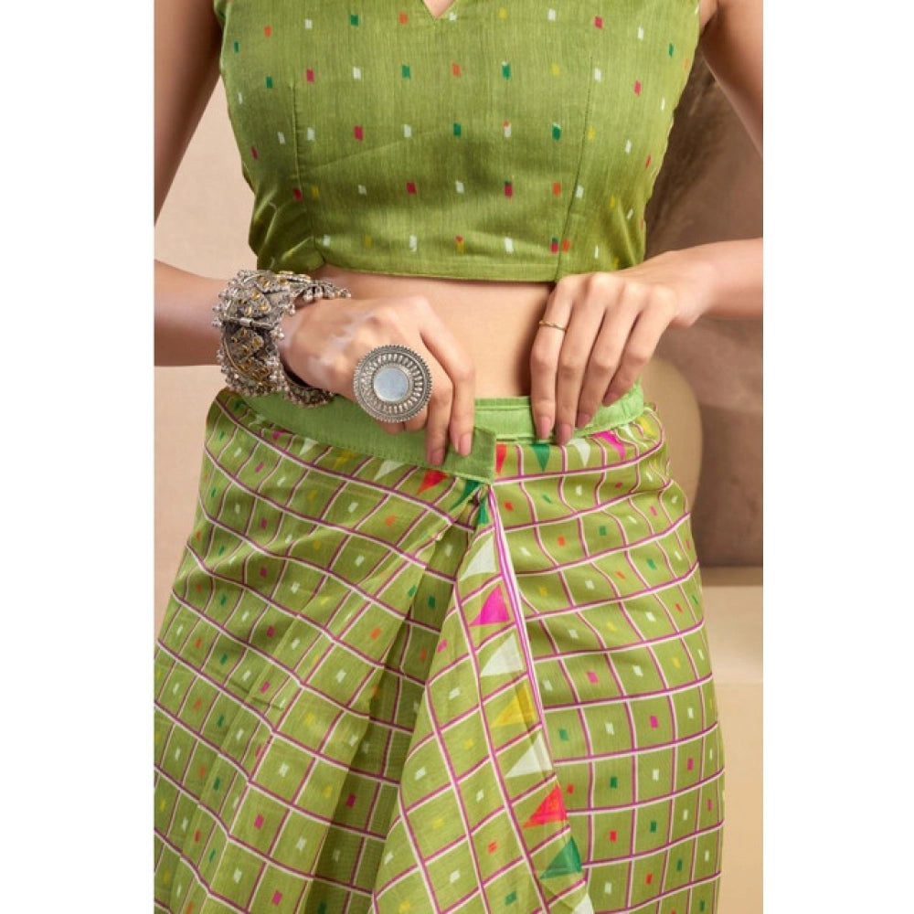 Women's Faux_Linen Printed Ready-to-Wear Saree With Unstitched Blouse 5.5 Mtr (Olive)