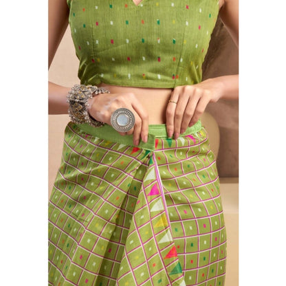 Women's Faux_Linen Printed Ready-to-Wear Saree With Unstitched Blouse 5.5 Mtr (Olive)