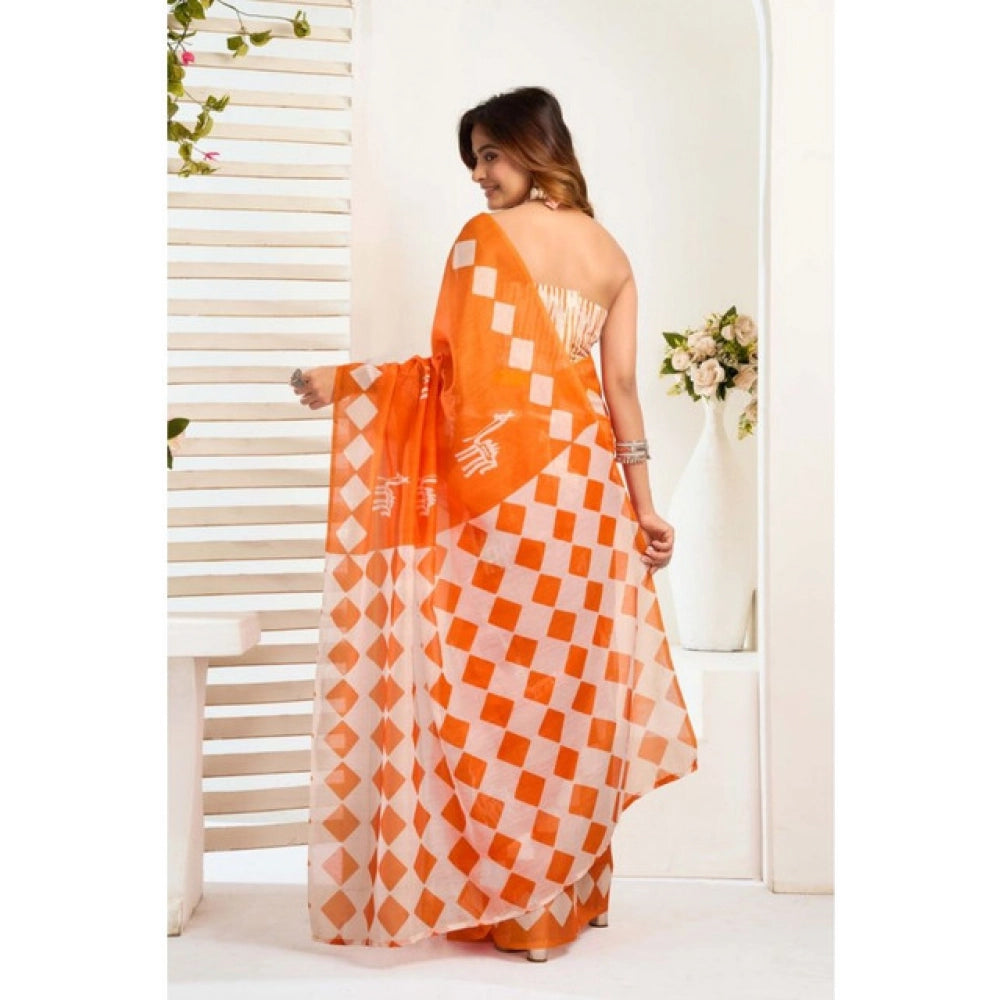 Women's Faux_Linen Printed Ready-to-Wear Saree With Unstitched Blouse 5.5 Mtr (Orange)