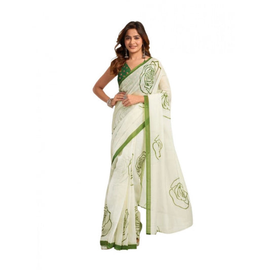 Women's Faux_Linen Printed Ready-to-Wear Saree With Unstitched Blouse 5.5 Mtr (White)