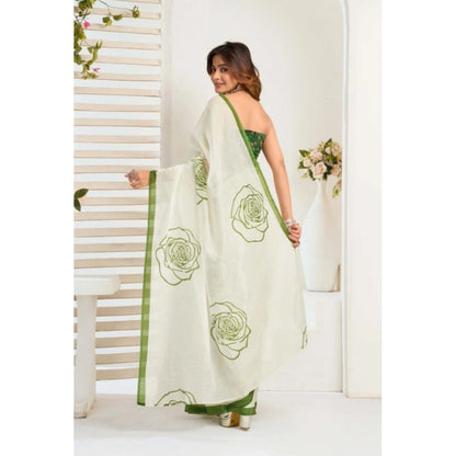 Women's Faux_Linen Printed Ready-to-Wear Saree With Unstitched Blouse 5.5 Mtr (White)