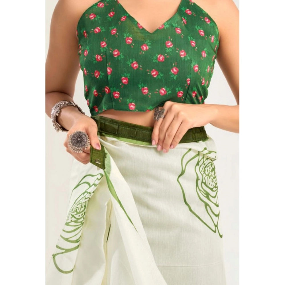Women's Faux_Linen Printed Ready-to-Wear Saree With Unstitched Blouse 5.5 Mtr (White)