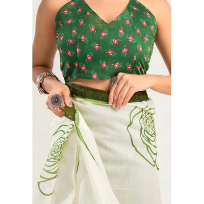 Women's Faux_Linen Printed Ready-to-Wear Saree With Unstitched Blouse 5.5 Mtr (White)
