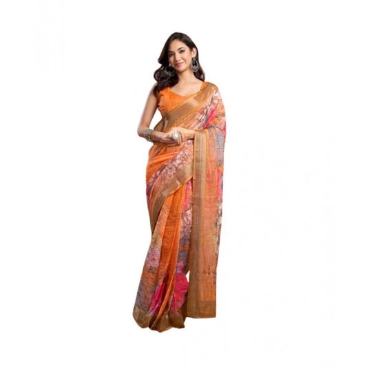 Women's Faux_Linen Printed Ready-to-Wear Saree With Unstitched Blouse 5.5 Mtr (Orange)