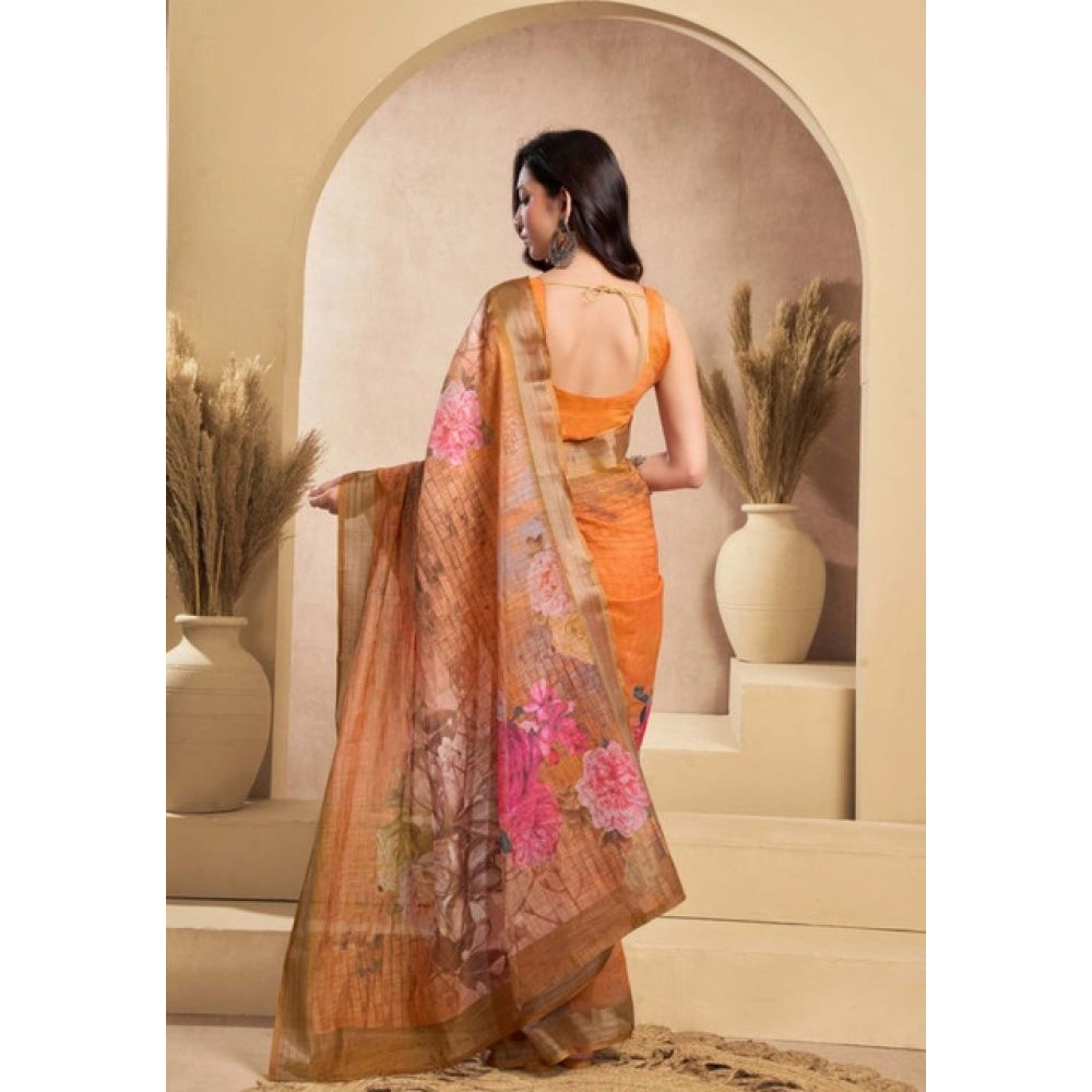 Women's Faux_Linen Printed Ready-to-Wear Saree With Unstitched Blouse 5.5 Mtr (Orange)