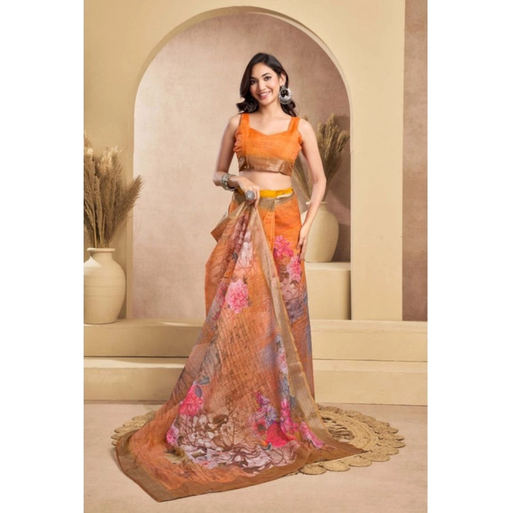 Women's Faux_Linen Printed Ready-to-Wear Saree With Unstitched Blouse 5.5 Mtr (Orange)