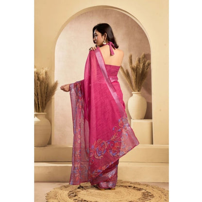 Women's Faux_Linen Printed Ready-to-Wear Saree With Unstitched Blouse 5.5 Mtr (Pink)