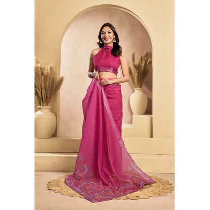 Women's Faux_Linen Printed Ready-to-Wear Saree With Unstitched Blouse 5.5 Mtr (Pink)