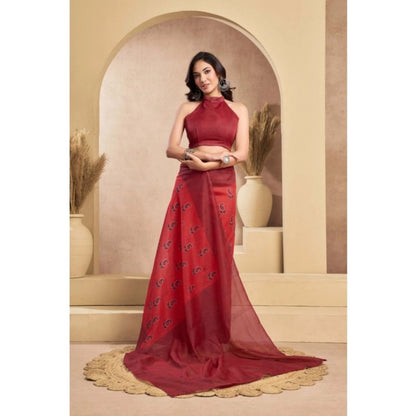 Women's Faux_Linen Printed Ready-to-Wear Saree With Unstitched Blouse 5.5 Mtr (Red)