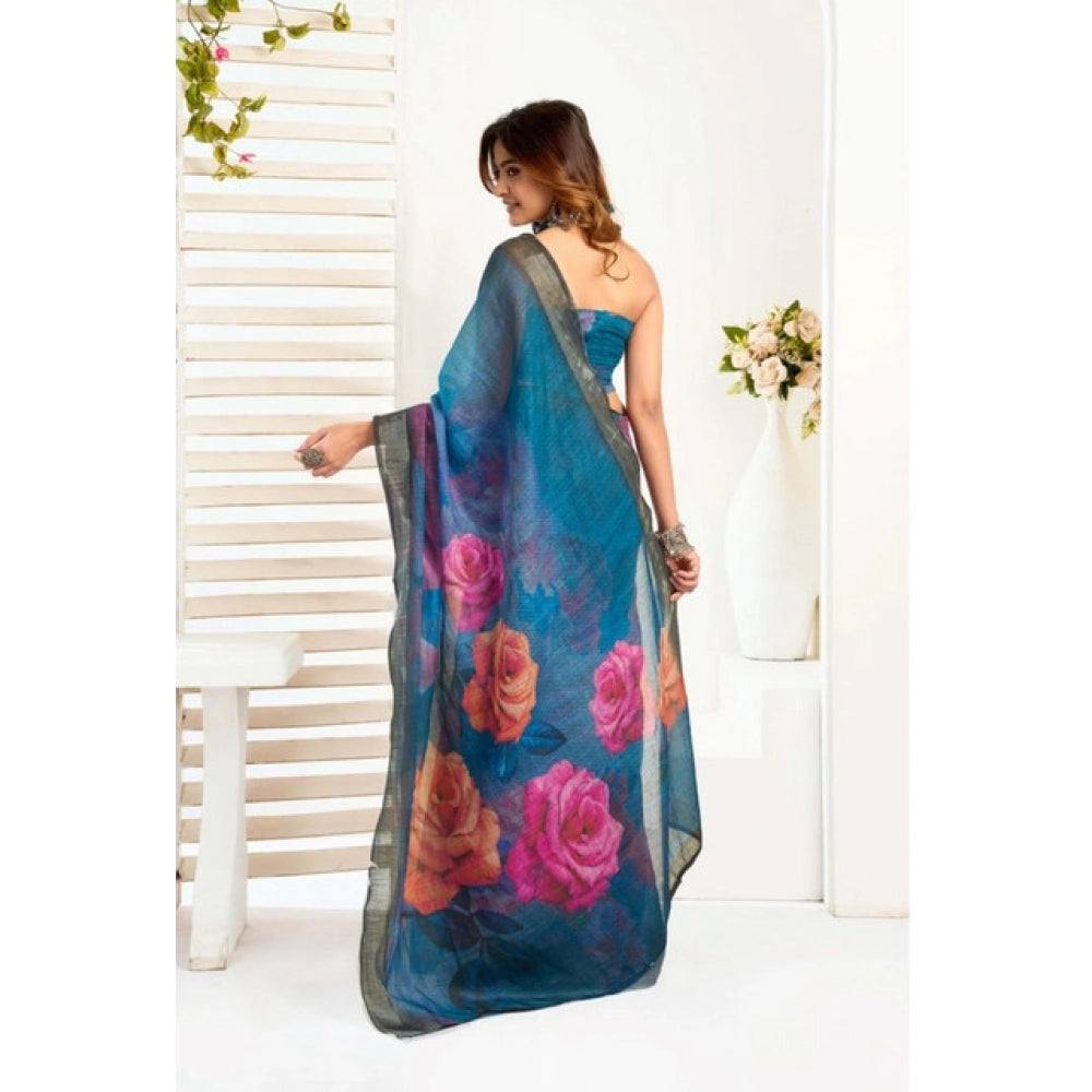 Women's Faux_Linen Printed Ready-to-Wear Saree With Unstitched Blouse 5.5 Mtr (Teal)