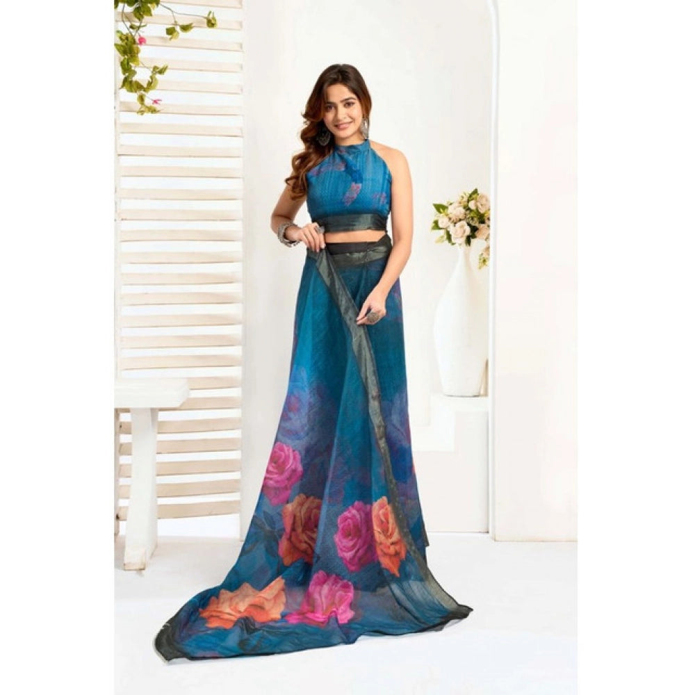 Women's Faux_Linen Printed Ready-to-Wear Saree With Unstitched Blouse 5.5 Mtr (Teal)