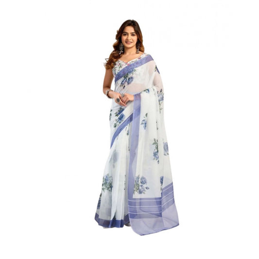 Women's Faux_Linen Printed Ready-to-Wear Saree With Unstitched Blouse 5.5 Mtr (White)