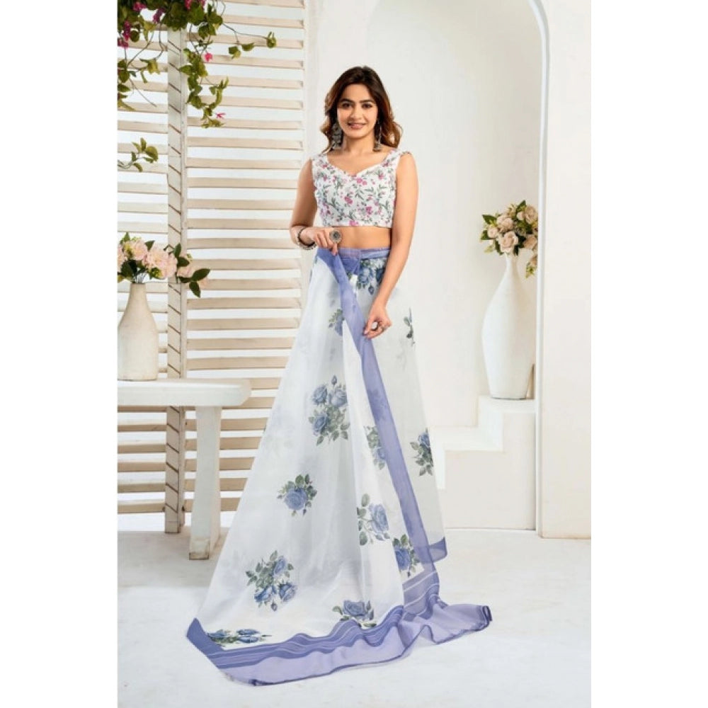 Women's Faux_Linen Printed Ready-to-Wear Saree With Unstitched Blouse 5.5 Mtr (White)