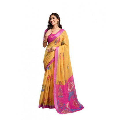 Women's Faux_Linen Printed Ready-to-Wear Saree With Unstitched Blouse 5.5 Mtr (Yellow)