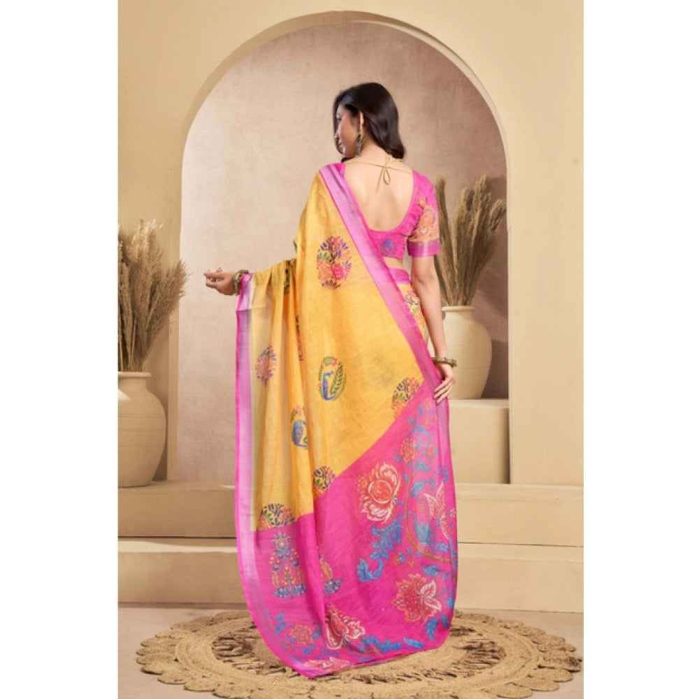 Women's Faux_Linen Printed Ready-to-Wear Saree With Unstitched Blouse 5.5 Mtr (Yellow)