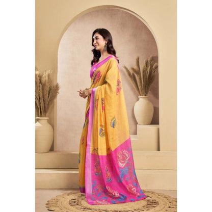 Women's Faux_Linen Printed Ready-to-Wear Saree With Unstitched Blouse 5.5 Mtr (Yellow)