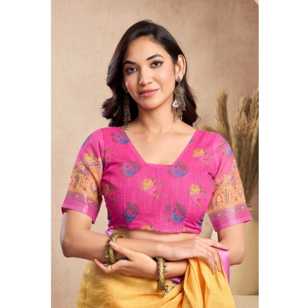 Women's Faux_Linen Printed Ready-to-Wear Saree With Unstitched Blouse 5.5 Mtr (Yellow)