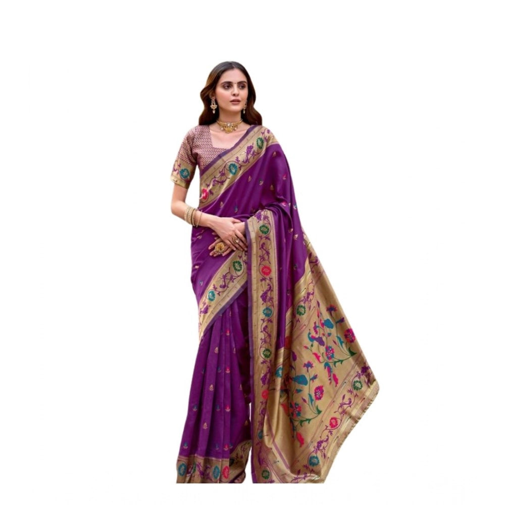 Women's Silk Blend Woven Saree With Unstitched Blouse 5.5 Mtr (Purple)