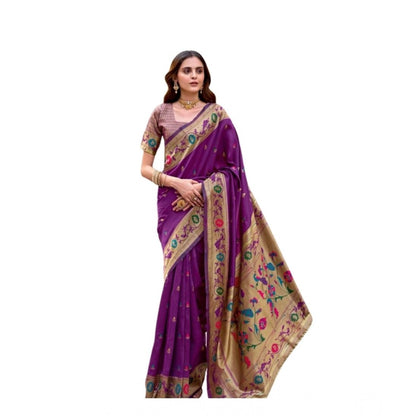 Women's Silk Blend Woven Saree With Unstitched Blouse 5.5 Mtr (Purple)