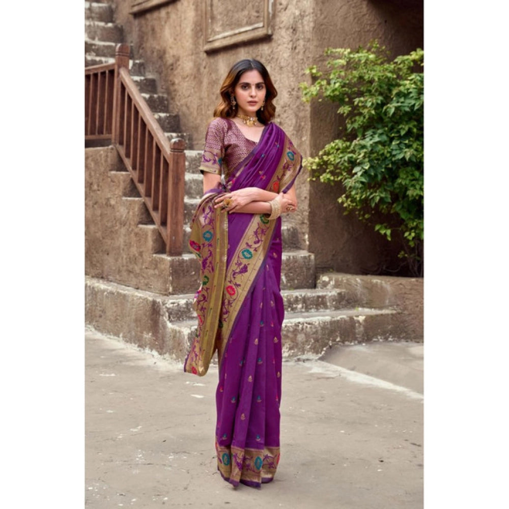 Women's Silk Blend Woven Saree With Unstitched Blouse 5.5 Mtr (Purple)