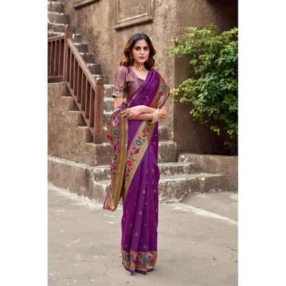 Women's Silk Blend Woven Saree With Unstitched Blouse 5.5 Mtr (Purple)