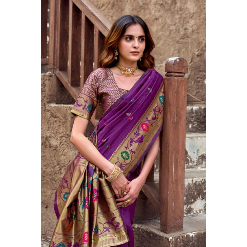 Women's Silk Blend Woven Saree With Unstitched Blouse 5.5 Mtr (Purple)