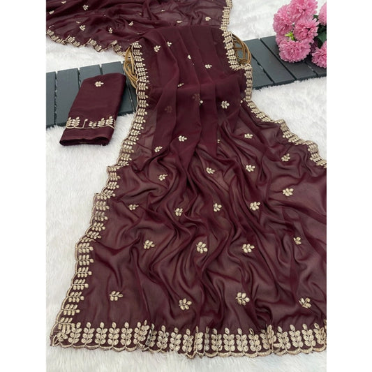 Women's Georgette Embroidered Saree With Unstitched Blouse 5.5Mtr (Maroon)