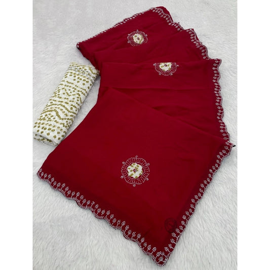 Women's Chiffon Butti Dotted Saree With Unstitched Blouse 5.5Mtr (Red)