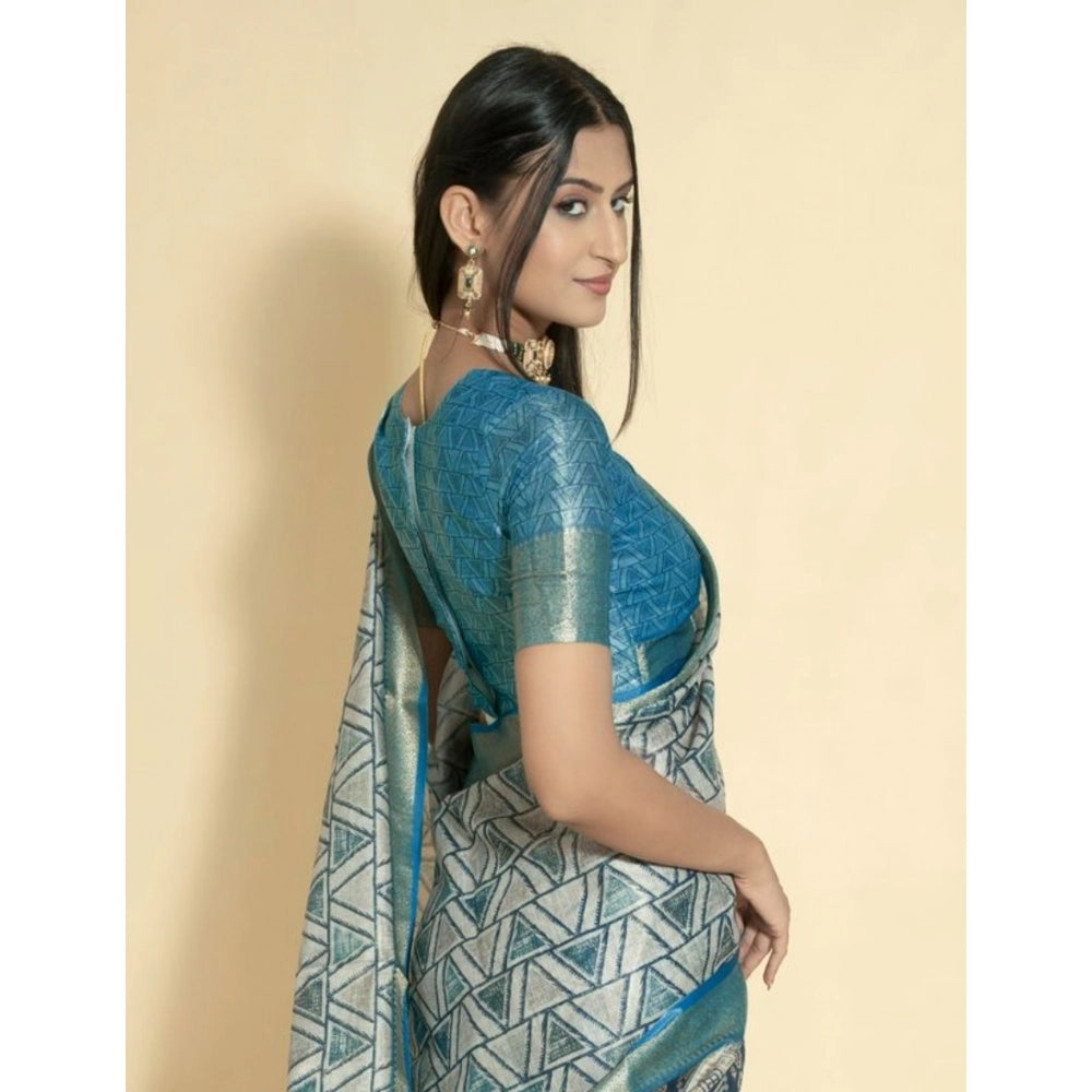 Women's Polyester Printed Saree With Unstitched Blouse 5.5 Mtr (Turquoise)
